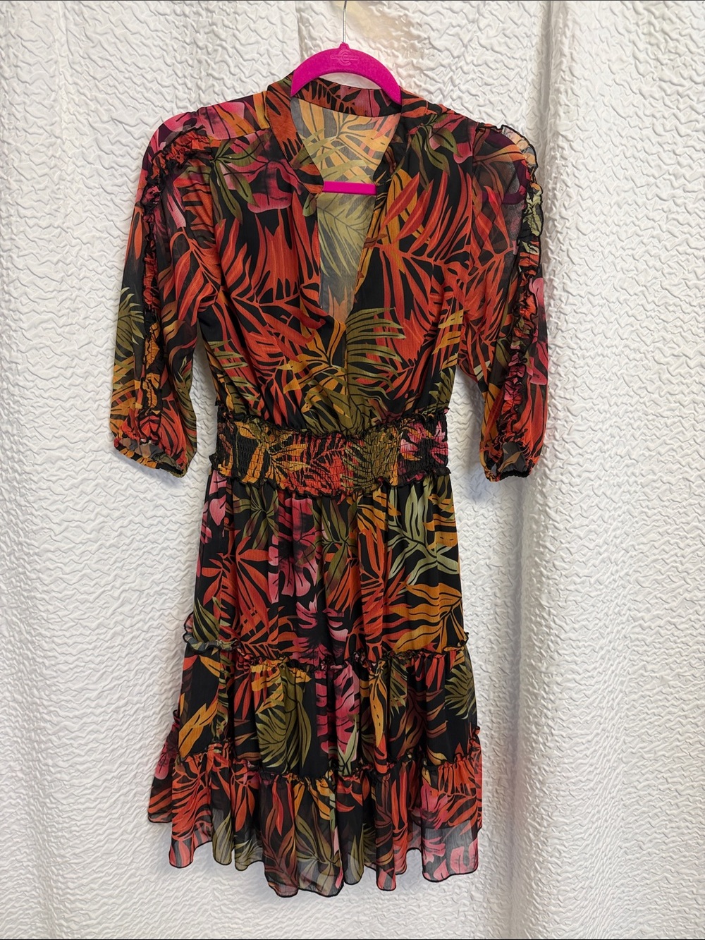 Spy Zone Exchange Tropical Palm Leaf Mini Dress Chiffon Smocked Waist V-Neck M